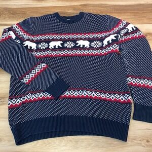 Aspen Mens Fair Isle Polar Bear Cotton Knit Sweater Navy Blue XL Knit